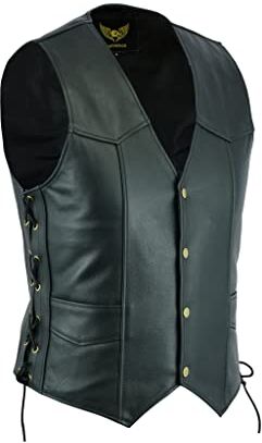 Leatherick Gilet da motociclista in pelle di vacchetta di prima qualità, classico con lacci laterali da uomo, nero (5XL)