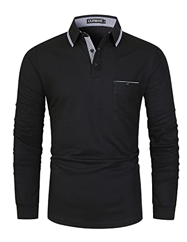 LIUPMWE Polo Uomo Manica Lunga in Cotone Basic Golf T-Shirt Tinta Unita Inverno,b-nero02,XXL