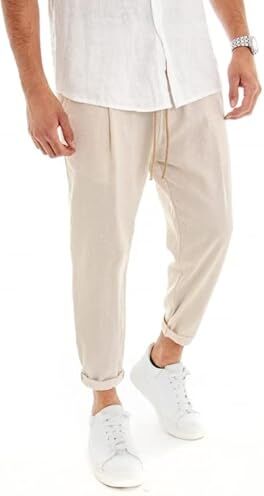 Giosal Pantalone Uomo Elastico Lino Tinta Unita Cavallo Basso Casual Vari Colori (Beige, XL)