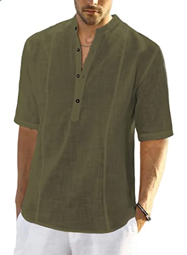 Meilicloth Camicia Lino Uomo Coreana Cotone Manica Corta Estiva Henley Casual con Bottoni Regular Fit Verde L