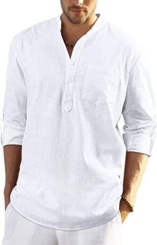 Enlision Camicia Lino Uomo Bianca Estate Elegante Casual Maniche Lunghe Henley Shirt con Scollo A V Camicie con Bottoni Spiaggia T Shirt 3XL