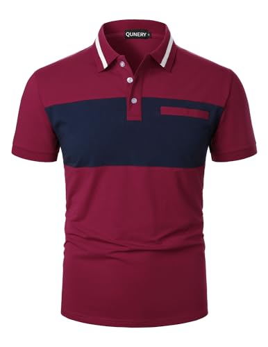 QUNERY Polo Uomo Manica Corta Contrasto Casual Poloshirt Basic Traspirante Golf Polo Shirt Borgogna e Blu Navy M