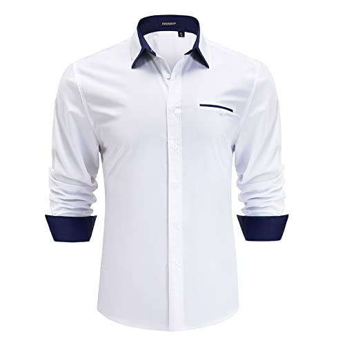HISDERN Camicie Elegant da Uomo Classiche Camicia Casual Bianco a Maniche Lunghe con Colletto Abbottonato vestibilità Regolare XXL