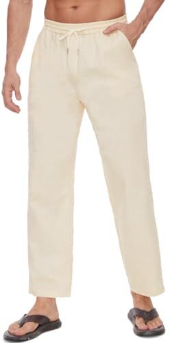 Joligiao Pantaloni in Cotone e Lino da Uomo Gamba Dritta Pantaloni Elastici con Tasche e Coulisse Pantaloni Estivi Casual da Spiaggia Leggeri e Traspiranti Pantaloni da Yoga Beige XL