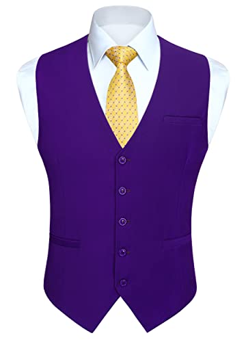 HISDERN Gilet Da Abito Da Uomo Gilet Tinta Unita Da Festa Di Nozze Cerimonia Panciotto Formale In Cotone Per Uomo,Viola,L