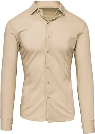 Evoga Camicia Uomo Slim Fit Elegante Casual Elasticizzata Aderente Formale in Cotone Stretch (XS, Beige)