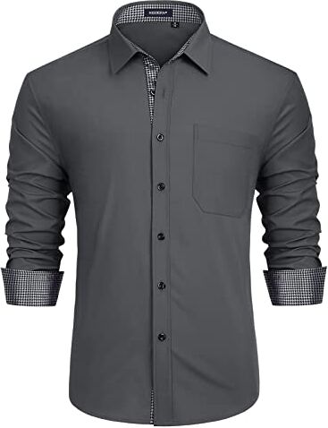 HISDERN Grigio Camicia Formale Elegante da Uomo Maniche Lungo Vestibilita Regolare Casual Matrimonio Business Camicia Abito Classico Abbottonato Shirt