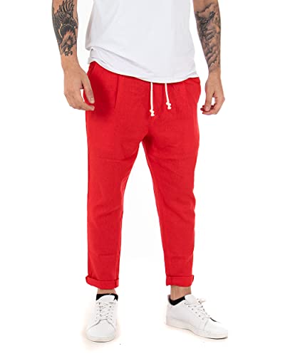 Giosal Pantalone Uomo Elastico Lino Tinta Unita Cavallo Basso Casual Vari Colori (Rosso, M)