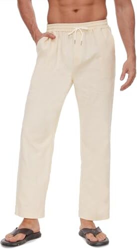 Yutdeng Pantaloni Casual Lunghi da Uomo in Lino e Cotone Estivi Leggeri Pantaloni Gamba Larga con Coulisse e Tre Tasche Pantaloni Elasticizzati per Yoga Spiaggia,Beige,S