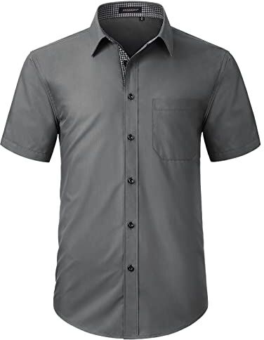 HISDERN Camicia da Uomo Camicia Grigia a Maniche Corte per Uomo Camicia Casual Estiva con Taschino sul Petto, M