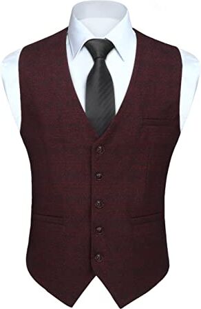 HISDERN Gilet da Uomo Bordeaux Elegante Classico Panciotto Uomo in Cotone Formale Casual a Quadri Scozzese Senza Maniche da Cerimonia con Tasche M