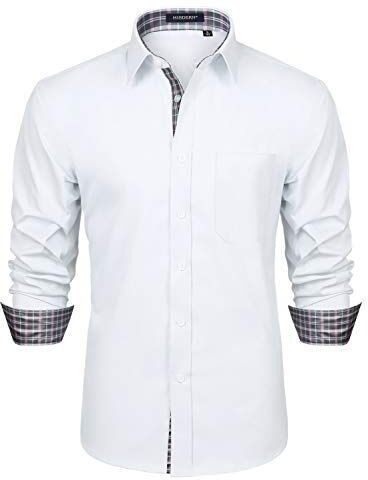 HISDERN Camicia Elegante con Colletto Bianco per Uomo Button Down Manica Lunga Party Casual Formale Business Classic Camicie Colletto Regular Fit