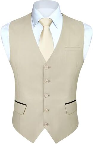 HISDERN Gilet Uomo Champagne Elegante Gilet da Abito Formale Matrimonio Panciotto Classico per Business con Tasche 4XL