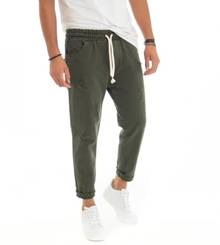 Giosal Pantalone Uomo Jeans Tinta Unita Rotture Elastico Coulisse (Verde, XL)