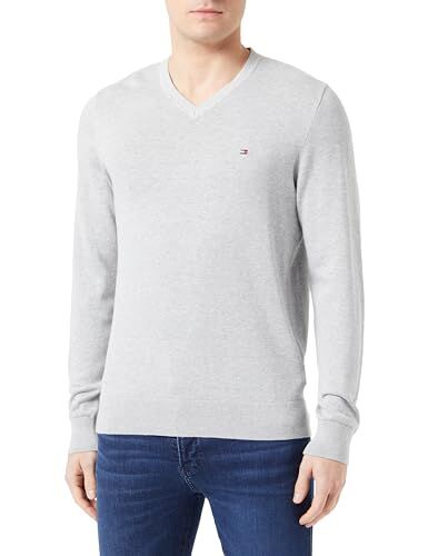 Tommy Hilfiger Pullover Uomo V-Neck Sweater Scollo a V, Grigio (Light Grey Heather), S