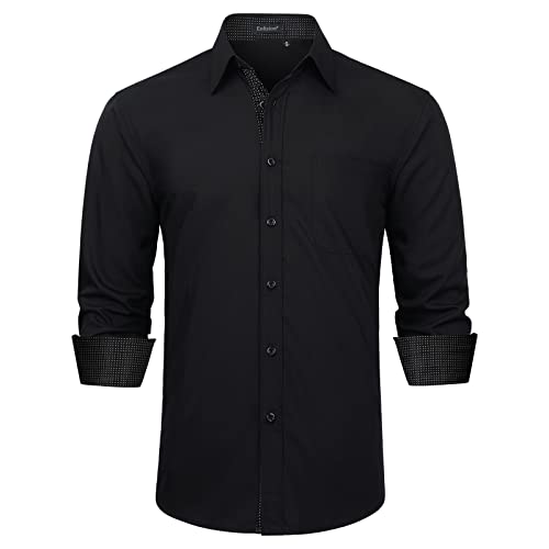 Enlision Camicia Nera Uomo Elegante Manica Lunga Formale Camicia Casual Classiche Contrasto Bottonato Cotone Shirt Regular Fit Lavoro Festa XL