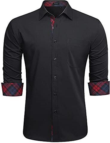 HISDERN Nero Camicia Formale Elegante da Uomo Maniche Lungo Vestibilita Regolare Casual Matrimonio Business Camicia Abito Classico Abbottonato Shirt