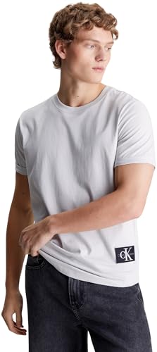 Calvin Klein Uomo T-shirt Maniche Corte Badge Turn Up Sleeve Scollo Rotondo, Grigio (Lunar Rock), S
