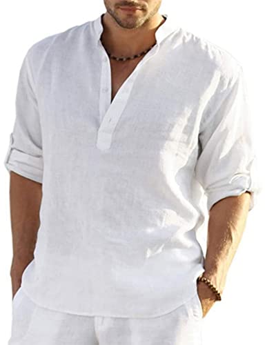 PADOLA Camicia in Lino Uomo Camicie Slim Fit Elegante Bianco Camicia Estiva Estate Maniche Lunghe Casual(3XL,001 Bianco)