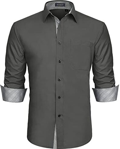 HISDERN Camicia Elegante Grigia Manica Lunga Formale Button Down Pied de Poule Marrone Lavoro a Quadri alla Moda Colletto Floreale Elegante vestibilità Regolare Camicia Grigio Scuro XXL