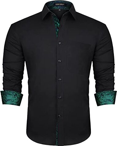 HISDERN Camicia da Uomo con Colletto Classico Colletto Classico da Uomo Camicia con Motivo Cachemire Verde Nero Casual Formale abbottonata Camicie Regular Fit Manica Lunga