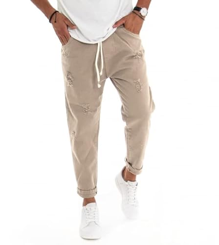 Giosal Pantalone Uomo Jeans Tinta Unita Rotture Elastico Coulisse (Beige, XL)