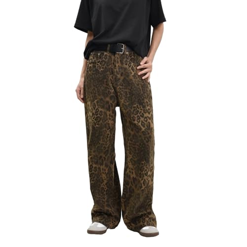 Surttan Jeans con Leopardo Marrone Chiaro da Donna e da Uomo Pantaloni da Donna Oversize a Gamba Larga Pantaloni da Strada Stile Hip Hop Vintage in Cotone Largo Casual Tan Leopard Jeans