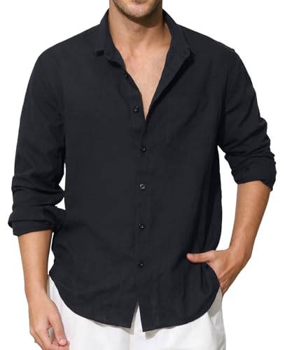 Enlision Camicia Nera Uomo in Lino Manica Lunga Estiva Camicie di Cotone Collo Coreana Henley Shirts a Bottoni Tinta Unita Elegante da Spiaggia M