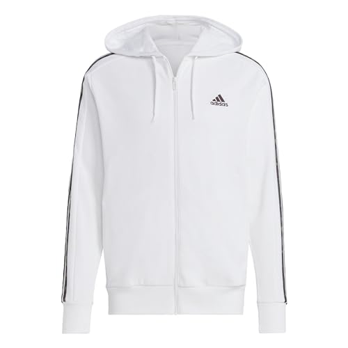 Adidas Essentials French Terry 3-stripes Full-zip Hoodie Felpa con cappuccio, White/Olive Strata, XXL Uomo
