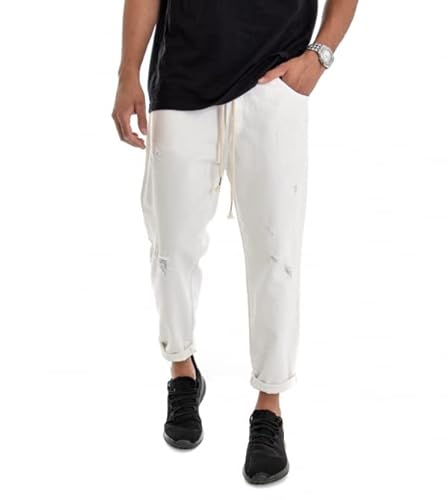 Giosal Pantalone Uomo Jeans Tinta Unita Rotture Elastico Coulisse (Bianco, XXL)