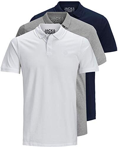 Jack & Jones Confezione da 3 polo da uomo slim fit, a maniche corte, colore nero, bianco, blu, grigio, taglie: XS, S, M, L, XL, XXL, XL