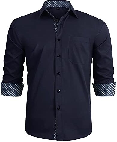 HISDERN Camicia Elegante Blu Navy Camicia Classica da Uomo con Colletto Casual Formale abbottonata Camicie Regular Fit Manica Lunga Scozzese