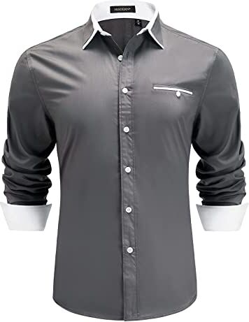 HISDERN Camicie Formale da Uomo a Maniche Lunghe Grigio Casual Classico Camicie con Colletto Abbottonato Regular Fit XXL