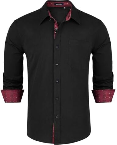 HISDERN Camicia Nera da Uomo a Maniche Lunghe Camicia Casual Formale da Uomo Camicia da Lavoro da Lavoro abbottonata Regolare con Tasche,Nero Rosso,L