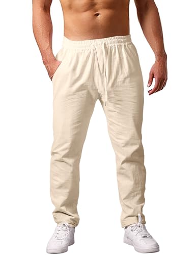 heekpek Pantaloni Uomo Casual Cotone Pantaloni Estivi Uomo Comodi Pantaloni con Tasconi Uomo per Spiaggia, Bianco Sporco, XL