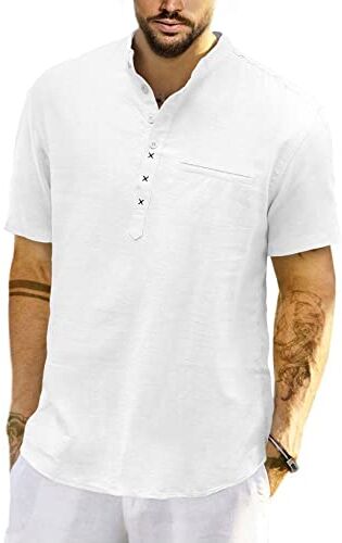 Meilicloth Camicia Lino Uomo Coreana Cotone Manica Corta Estiva Henley Casual con Bottoni Regular Fit Bianca 2XL