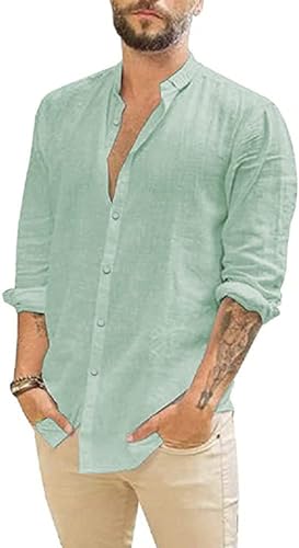 Glacspyg Camicia in Lino a Maniche Lunghe da Uomo. Camicia Casual Aderente per Affari, Tempo Libero e Vacanze Verde Chiaro 2XL