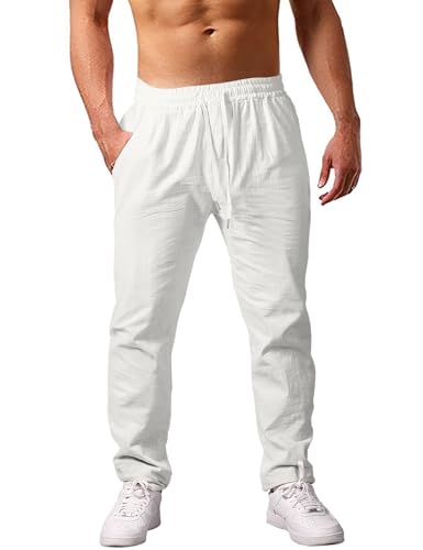 heekpek Pantaloni Uomo Casual Cotone Pantaloni Estivi Uomo Comodi Pantaloni con Tasconi Uomo per Spiaggia, Bianco, XL