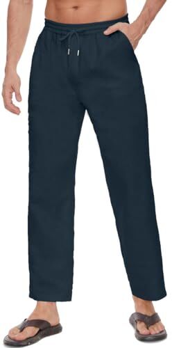 Joligiao Pantaloni in Cotone e Lino da Uomo Gamba Dritta Pantaloni Elastici con Tasche e Coulisse Pantaloni Estivi Casual da Spiaggia Leggeri e Traspiranti Pantaloni da Yoga Blu Scuro L