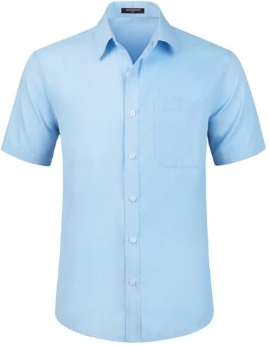 HISDERN Camicia Blu a Maniche Corte da Uomo Abito vestibilità Regolare Camicia da Uomo Camicia Estiva Solida con Tasca sul Petto,2XL