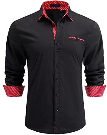 Enlision Camicie da Uomo Casual Camicia Elegante Maniche Lunghe Camicie Regolare Classiche Formal Camicia Nero/Rosso M