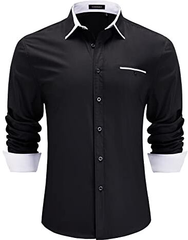 HISDERN Camicia Formale Nero da Uomo Classiche Camicie Casual da Lavoro con Colletto Abbottonato Maniche Lunghe vestibilità Regolare L