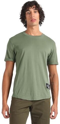 Calvin Klein Badge Turn UP Sleeve J30J323482 Top in Maglia a Maniche Corte, Verde (Dusty Olive), XS Uomo