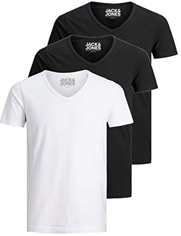 Jack & Jones Jack and Jones Maglietta da uomo basic con scollo a V, confezione da 3, tinta unita, slim fit, in bianco, nero, blu, grigio, XL