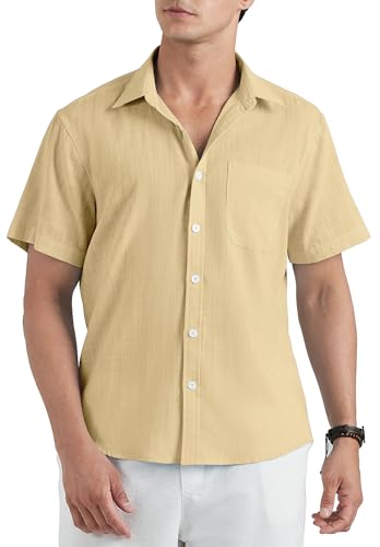 HISDERN Camicie Uomo Manica Corta Lino Classico Casual Beige Estiva Camicia per Spiaggia Vacanza Camicia con Tasca Regular Fit L