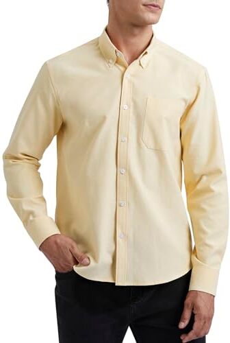 HISDERN Camicia da Uomo a Maniche Lunghe Giallo Chiaro Oxford Camicie con Tasche Classiche Casual Cotone Camicia Regular Fit M