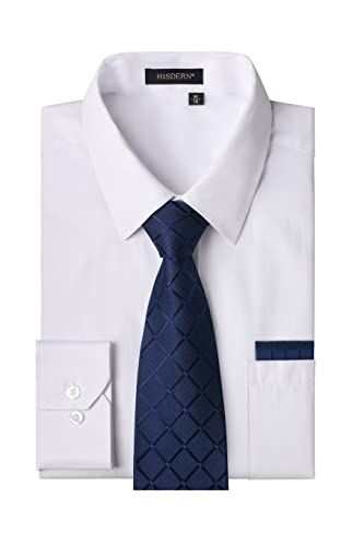 HISDERN Camicia Uomo Bianco Manica Lunga Elegante Camicia e Cravatta Casual Camicie Business Formale Camicie Matrimonio Casual con Tasca Regular M