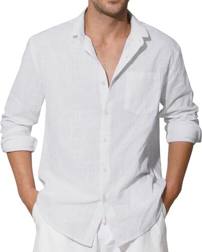 Enlision Camicia di Lino Bianca Uomo Manica Lunga Estiva Camicie Collo Coreana in Cotone Henley Shirts a Bottoni Tinta Unita Elegante Casual 2XL