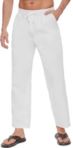 Joligiao Pantaloni in Cotone e Lino da Uomo Estivi Casual Pantaloni da Yoga Pantaloni Lunghi Pantaloni Gambe Larghe Pantaloni con Tasche e Elastico in Vita Leggeri Pantaloni，Bianco,M