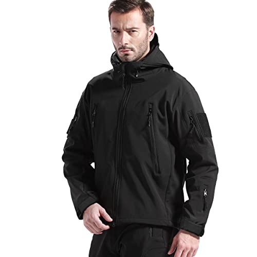 FREE SOLDIER Giacche Militari Softshell da Uomo Fodera in Pile da Esterno Giacca Antivento Impermeabile con Cappuccio Giacche tattiche Calde Multitasche per Escursioni di Caccia (Nero,M)